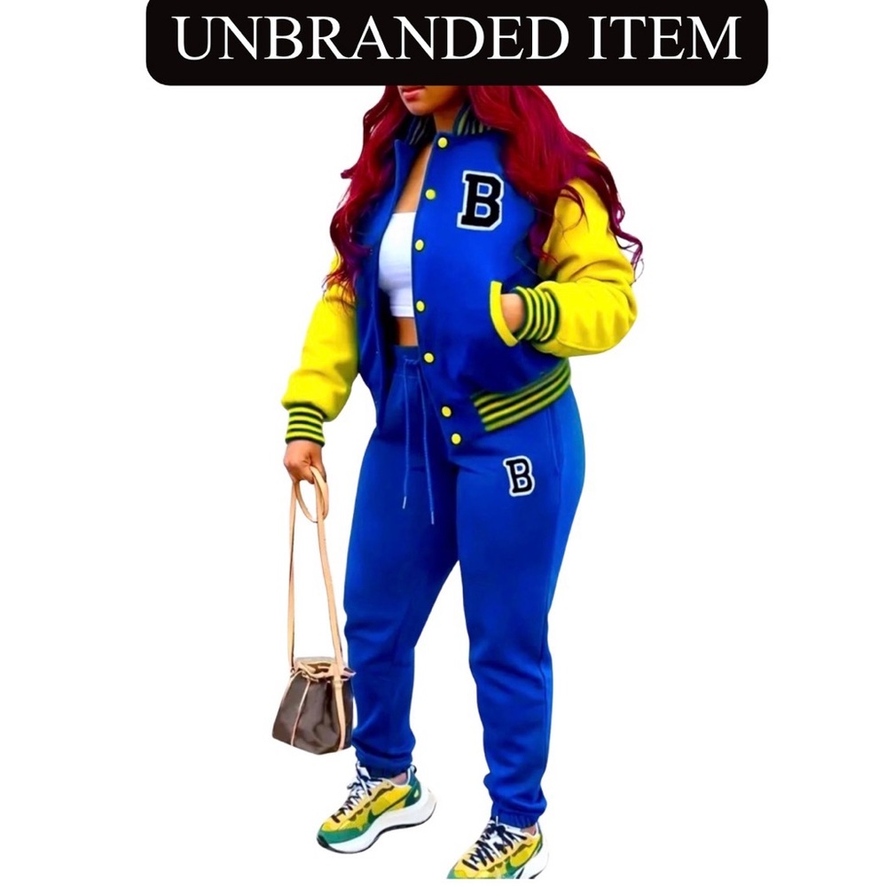VARSITY JACKET & PANTS: Blue & Yellow w/Letter “B” Embroidery, NIP